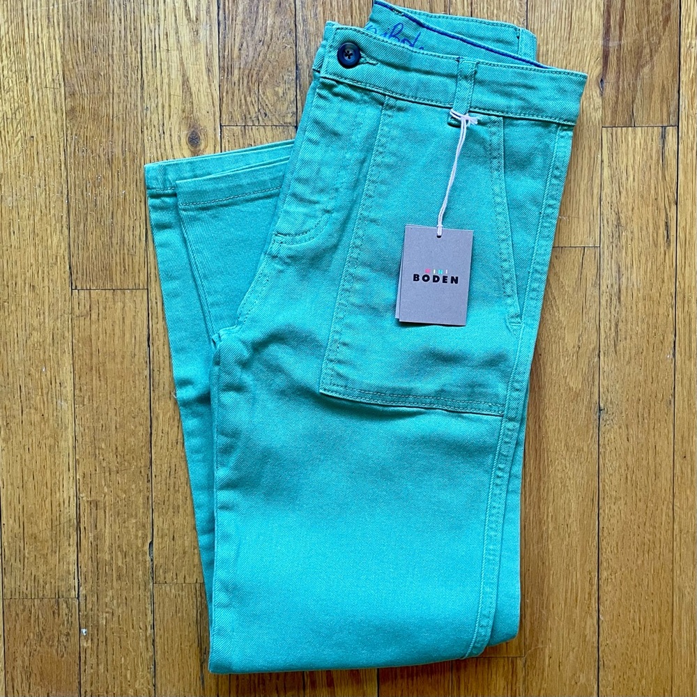 BNWT Mini Boden boys green denim pants, size 11y